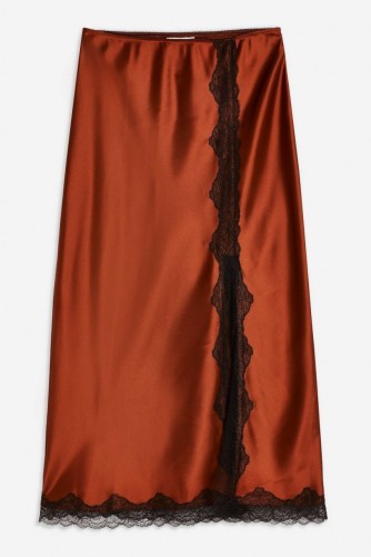 TOPSHOP Lace Trim Bias Midi Skirt in Chocolate – brown silky skirts