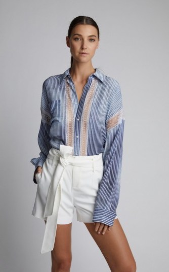 Ermanno Scervino Lace-Paneled Stripe Denim Shirt | sheer paneled shirts - flipped