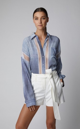 Ermanno Scervino Lace-Paneled Stripe Denim Shirt | sheer paneled shirts