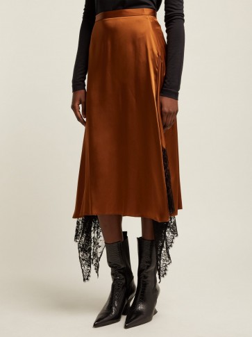 CHRISTOPHER KANE Lace-trimmed brown satin midi skirt