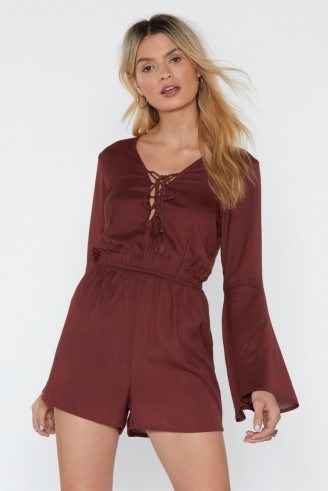 NASTY GAL Lace-Up Early Woven Tassel Romper in chocolate – brown front lace-up playsuit - flipped