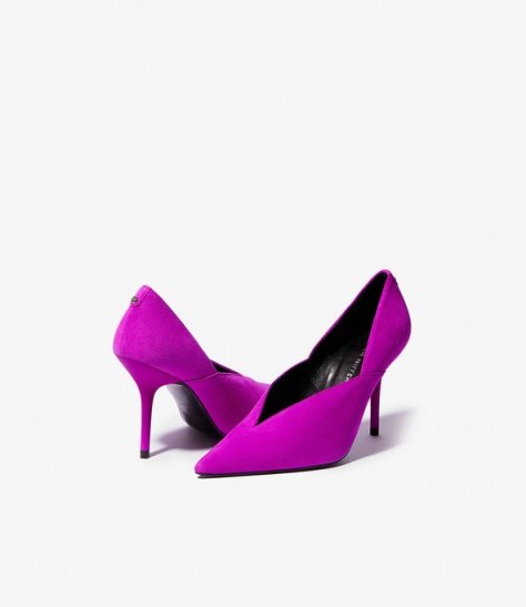 KAREN MILLEN Leather Court Shoes in Magenta ~ high front V-cut out courts - flipped