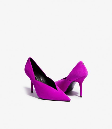 KAREN MILLEN Leather Court Shoes in Magenta ~ high front V-cut out courts