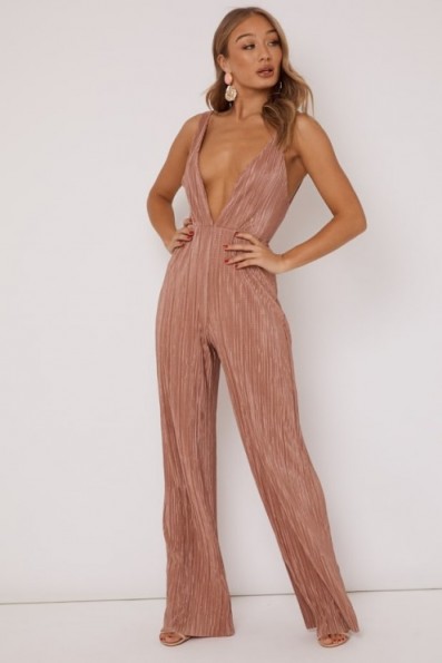 IN THE STYLE LINETTE NUDE PLISSE PLUNGE FRONT JUMPSUIT ~ deep plunging neckline ~ going out glamour