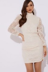 LORNA LUXE ‘CAGED BIRD’ BROCADE LACE DETAIL CREAM MINI DRESS ~ high neck open back party dresses