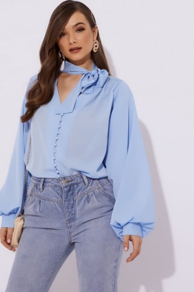 LORNA LUXE ‘DREAM SLEEVES’ BUTTON DETAIL BLUE BLOUSE ~ casual & feminine