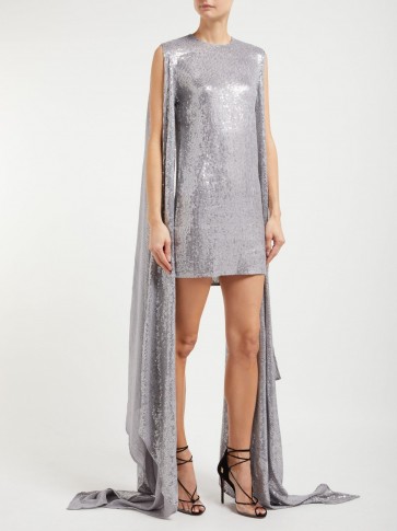 ASHISH Luna sequinned drape-sleeve mini dress ~ metallic-silver event wear