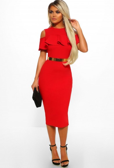 PINK BOUTIQUE Manhattan Sass Red Cold Shoulder Frill Layer Bodycon Midi Dress – going out fashion