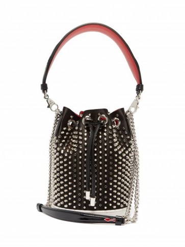 CHRISTIAN LOUBOUTIN Marie Jane black satin and leather bucket bag ~ small luxury bags - flipped