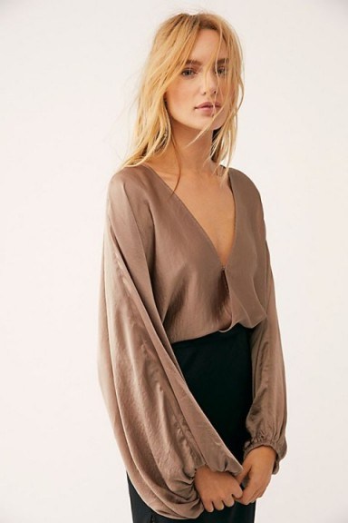 FREE PEOPLE Midnight Vibes Blouse in Mushroom – light-brown boho blouses - flipped