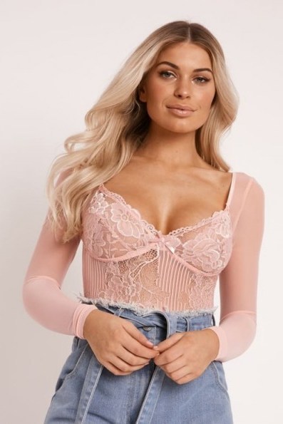 IN THE STYLE MIDORI BLUSH LACE WITH MESH SLEEVE BODYSUIT – semi sheer plunging bodysuits - flipped
