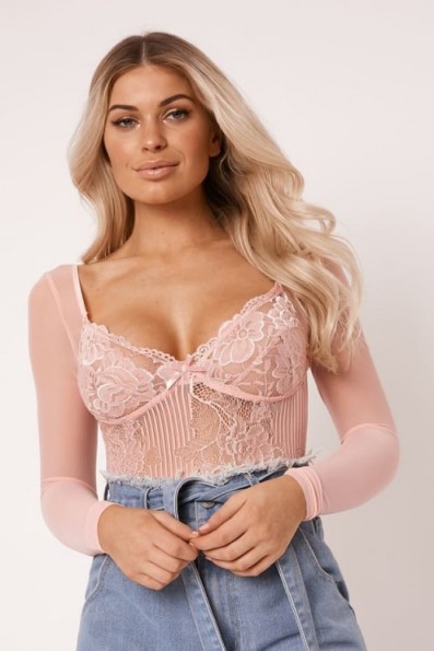 IN THE STYLE MIDORI BLUSH LACE WITH MESH SLEEVE BODYSUIT – semi sheer plunging bodysuits