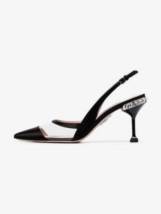 Miu Miu Black 85 Satin Suede Jewelled Heel Slingback Pumps – crystal studded heels - flipped