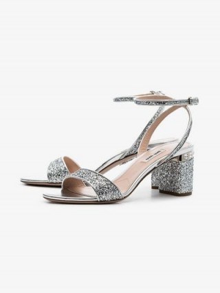Miu Miu 65 Glitter Block Sandals in Silver - flipped