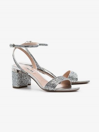 Miu Miu 65 Glitter Block Sandals in Silver