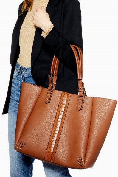 TOPSHOP Mojo Crocodile Stripe Tote Bag in Tan – stylish brown shopper - flipped