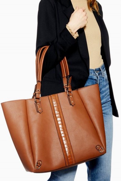 TOPSHOP Mojo Crocodile Stripe Tote Bag in Tan – stylish brown shopper
