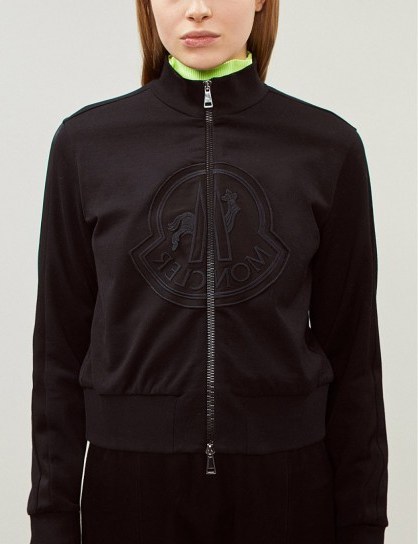 MONCLER Logo-embroidered cotton-jersey jacket in black – sporty zip-up jackets - flipped