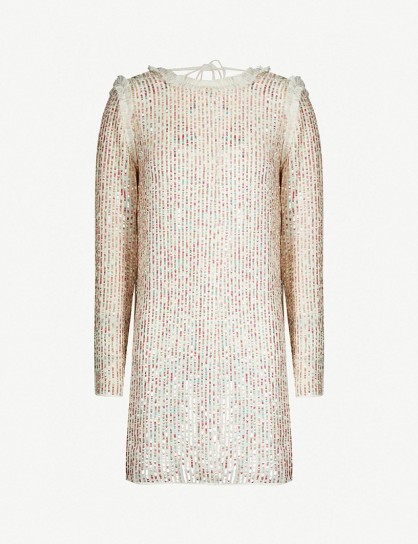 NEEDLE AND THREAD Shimmer sequinned mini dress in ivory / rainbow – sparkly shift dresses