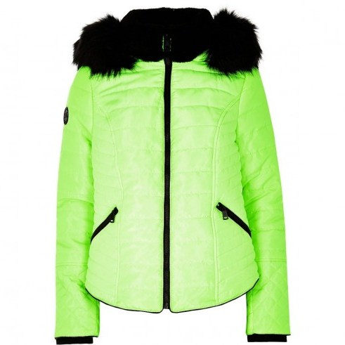 River Island Neon yellow faux fur hood padded coat ~ bright winter jackets - flipped