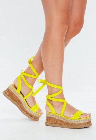 MISSGUIDED neon yellow lace up flatform espadrilles – STRAPPY FLATFORMS - flipped