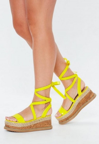 MISSGUIDED neon yellow lace up flatform espadrilles – STRAPPY FLATFORMS