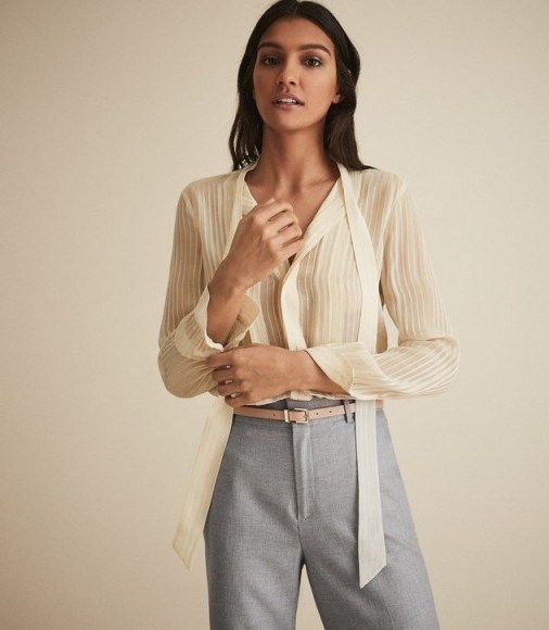 REISS NESSA SHEER STRIPED BLOUSE CREAM ~ luxe pussy bow blouses - flipped