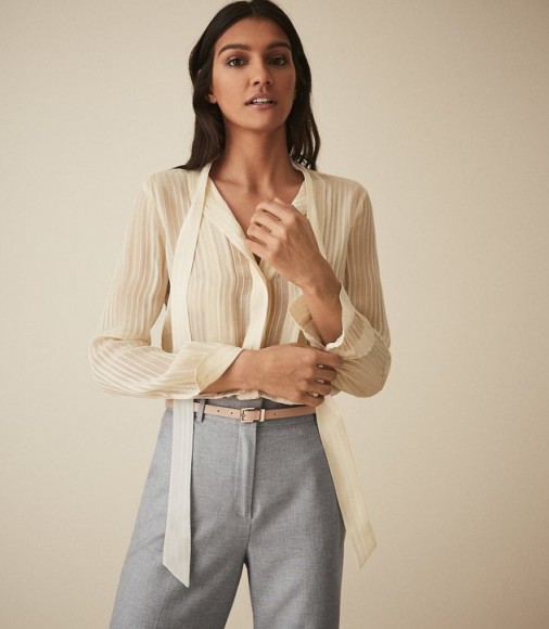 REISS NESSA SHEER STRIPED BLOUSE CREAM ~ luxe pussy bow blouses
