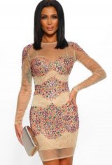 PINK BOUTIQUE New York Nights Nude and Multi Embellished Mesh Mini Dress – RAINBOW DRESSES