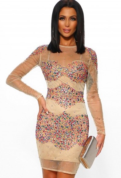 PINK BOUTIQUE New York Nights Nude and Multi Embellished Mesh Mini Dress – RAINBOW DRESSES - flipped