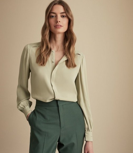 REISS NOA CUT OUT DETAIL BLOUSE SOFT GREEN ~ classic wardrobe staple - flipped