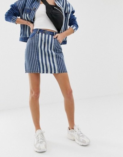 Noisy May stripe denim skirt in medium blue | multi striped mini - flipped