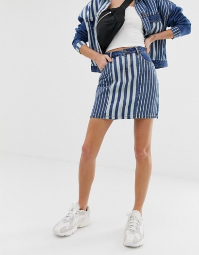 Noisy May stripe denim skirt in medium blue | multi striped mini