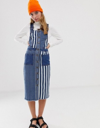 Noisy May Petite stripe denim pinafore dress | striped pinafores - flipped