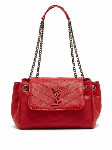 SAINT LAURENT Nolita monogram chevron-quilted leather bag in red ~ vintage style handbag - flipped