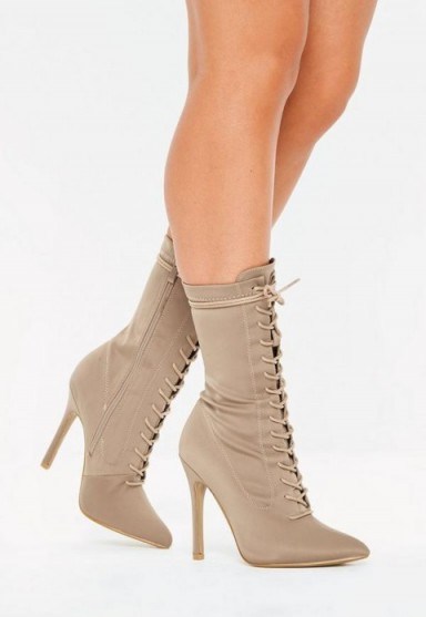 MISSGUIDED nude lace up stiletto heel ankle boots - flipped