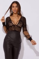IN THE STYLE ORSA LACE & MESH BALLOON SLEEVE BODYSUIT ~ semi sheer plunging bodysuits