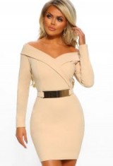 PINK BOUTIQUE Out On The Town Nude Bardot Belted Bodycon Mini Dress – GOING OUT FASHION