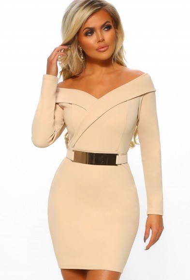PINK BOUTIQUE Out On The Town Nude Bardot Belted Bodycon Mini Dress – GOING OUT FASHION - flipped