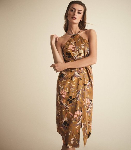 Reiss PAOLA PRINT HALTER NECK COCKTAIL DRESS / floral print halterneck evening dress - flipped