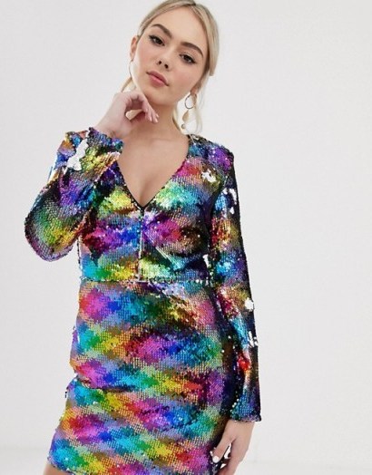 Parisian all over rainbow sequin v-neck dress – MULTI COLORED SEQUINS - flipped