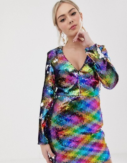 Parisian all over rainbow sequin v-neck dress – MULTI COLORED SEQUINS