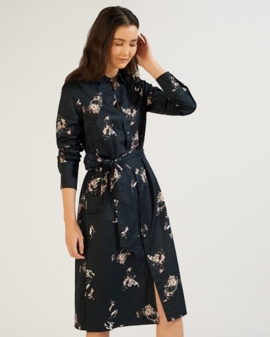 JIGSAW PETAL FRAGMENTS SHIRT DRESS IN BLACK / floral waist tie dresses - flipped