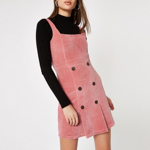 RIVER ISLAND Pink button front cord pinafore dress – corduroy pinafores - flipped