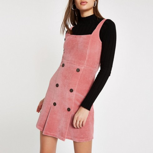 RIVER ISLAND Pink button front cord pinafore dress – corduroy pinafores