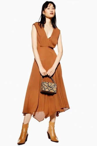 TOPSHOP Pleated Pinafore Dress in Tobacco – flowy brown dresses - flipped