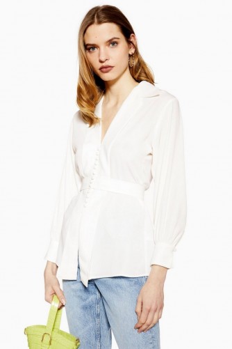 Topshop Plunge Blouse in Ivory | tie back blouses