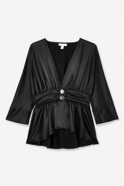 Topshop Plunge Button Ruched Blouse in black | deep V-plunging necklines - flipped