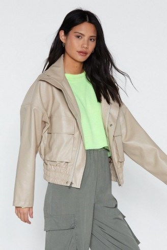 NASTY GAL Pocketful of Sunshine Faux Leather Jacket in Nude – slouchy drop shoulder jackets - flipped