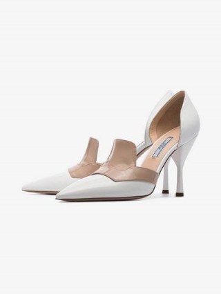 Prada Pointed Two-Tone 95 Pumps in White & Beige Patent Leather - flipped